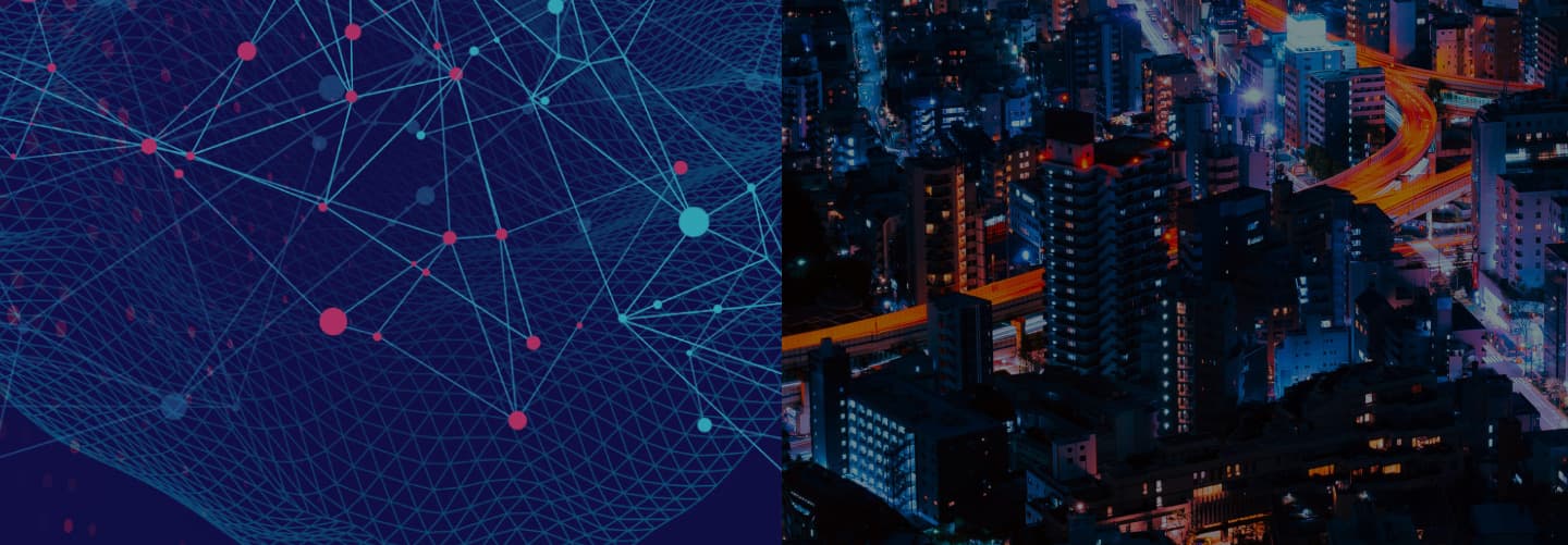 Abstract geometric lines on left with 3d model of a city on right