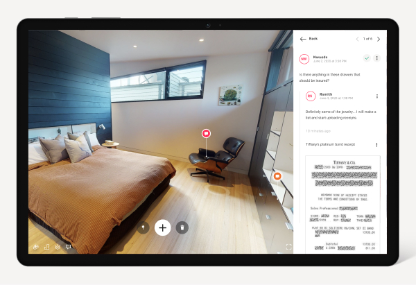 iPad showing a hotel room using Matterport Notes