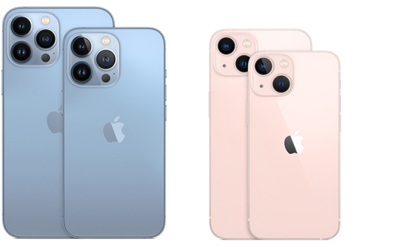 iPhone 13s in blue and pink